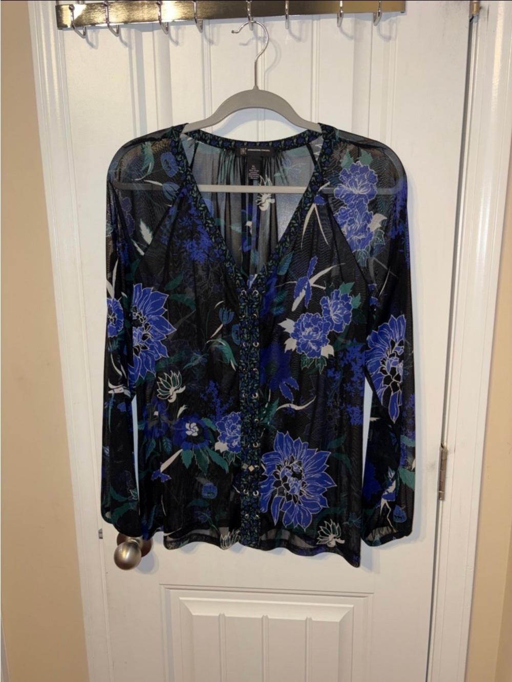 Floral Sheer V-Neck Blouse with Blue & Black Print - Picture 2 of 8